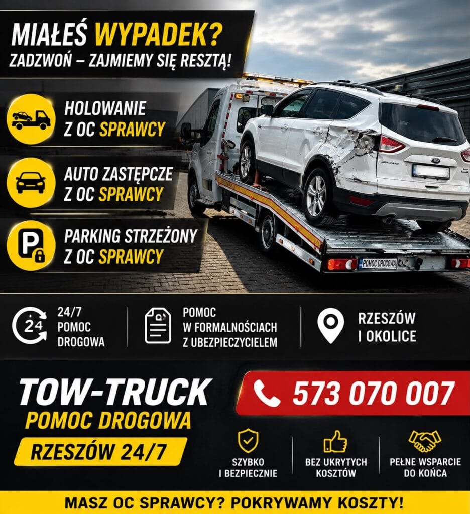 Holowanie z OC sprawcy w Rzeszowie – transport auta po kolizji